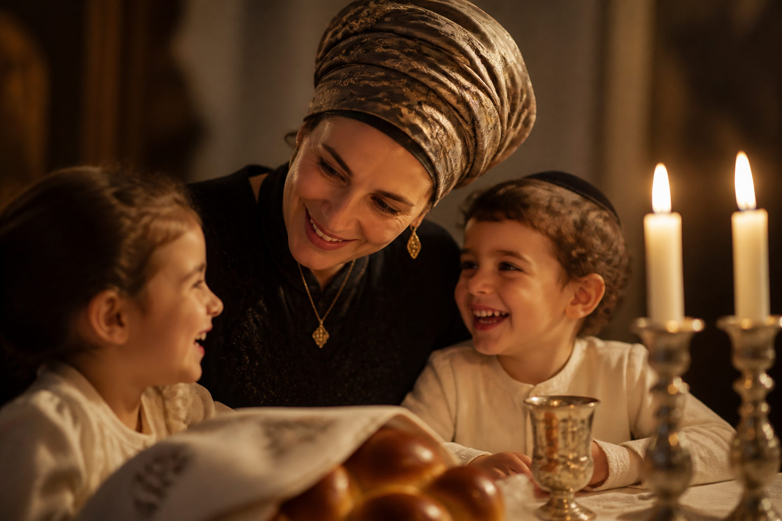 A Jewish mother in a headscarf smiling lovingly at her children around the Shabbos table